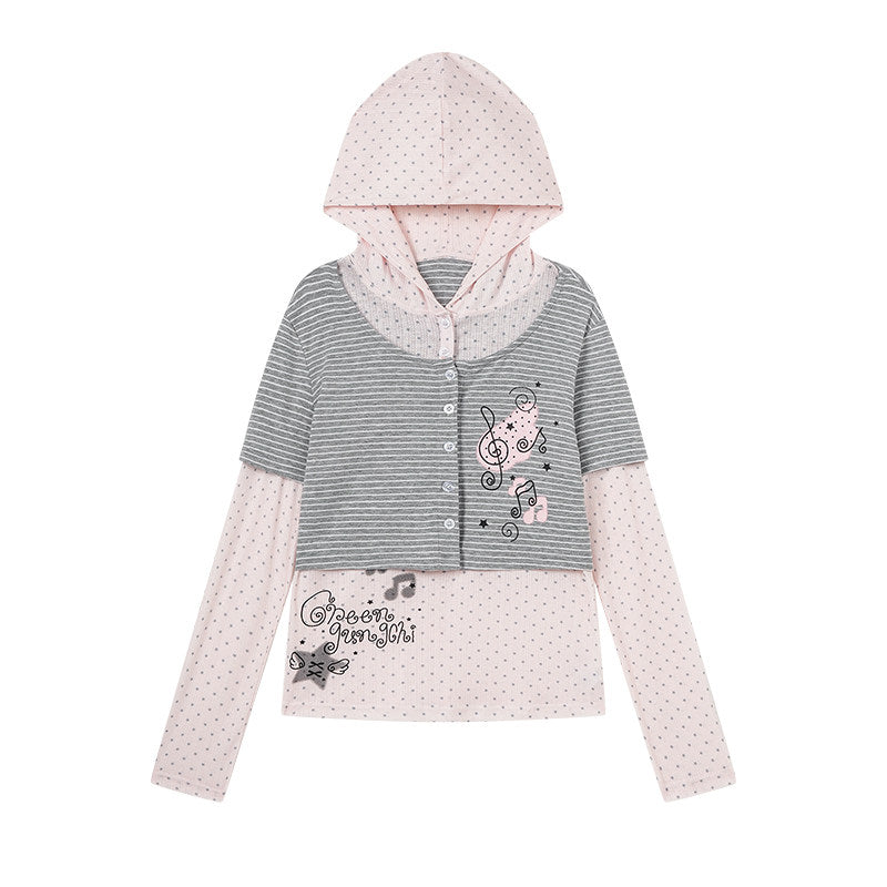 Mint Melody Faux-Layer Hooded Long-Sleeve Top
