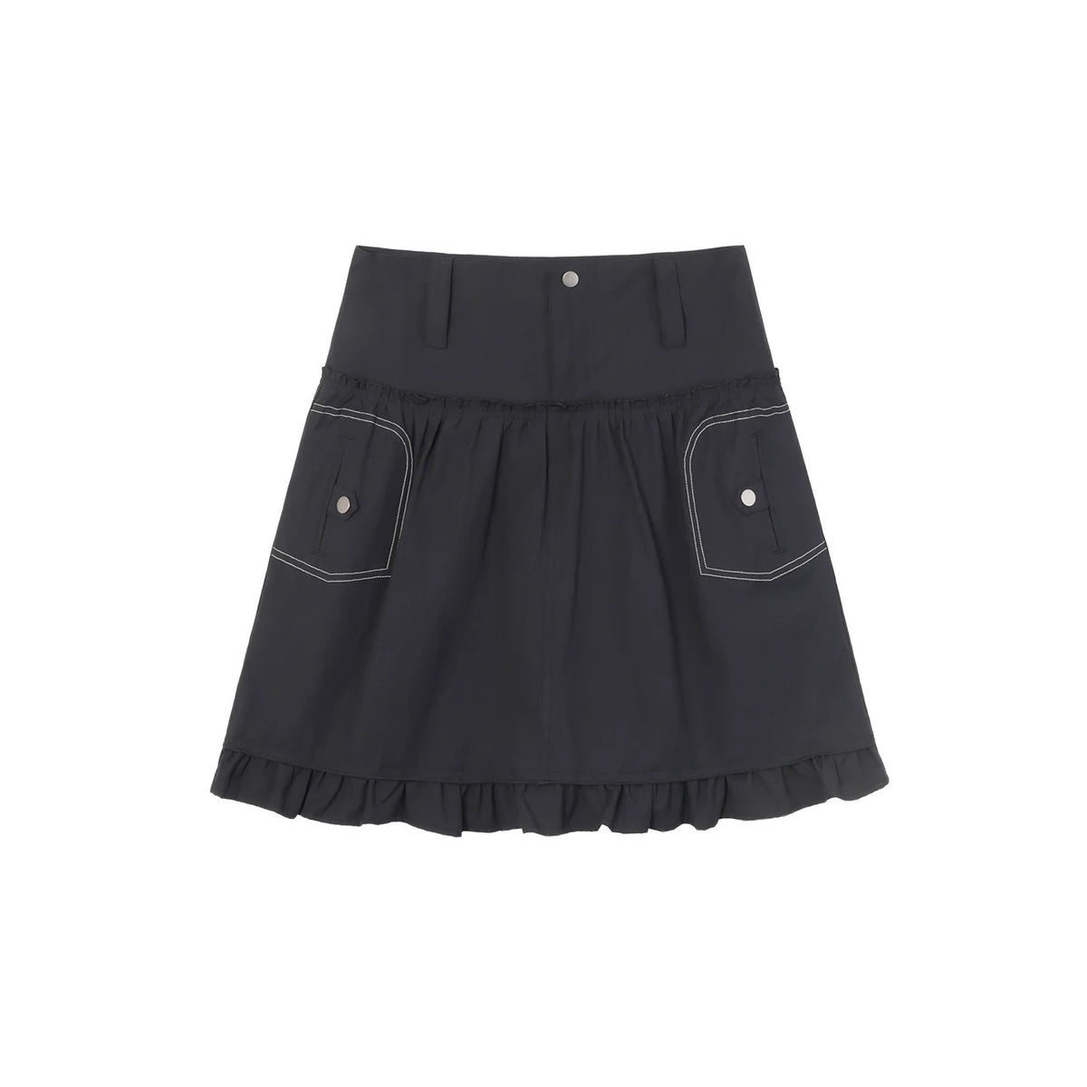 Contrast-Stitch Ruffle-Hem Utility Mini Skirt