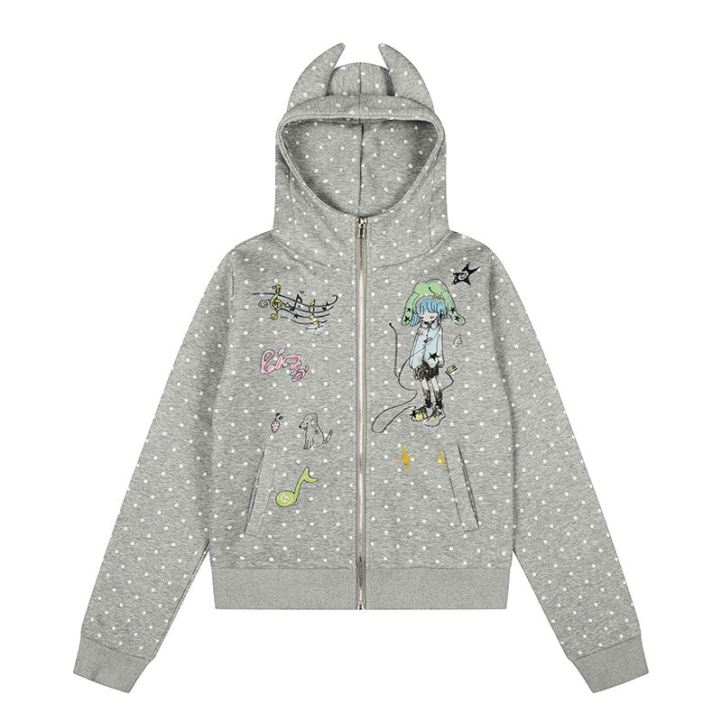 Polka Dot Devil-Horn Cartoon Girl Zip Hoodie