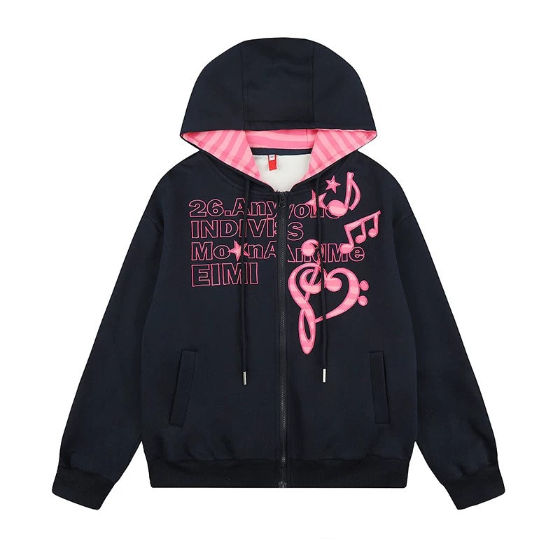 Music Note Embroidered Zip-Up Hoodie