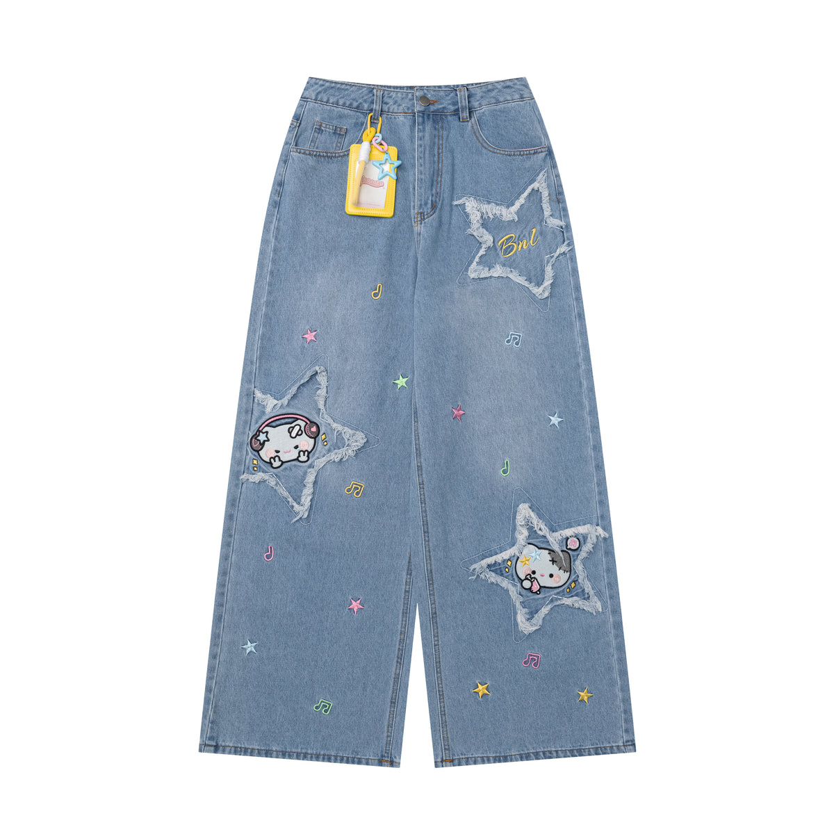 Star Cat Patch Wide-Leg Jeans with Card Holder Charm