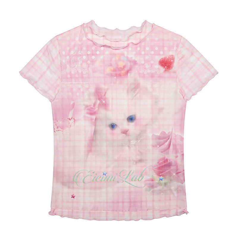 Pastel Cat Mesh Tee & Pink Star Wide-Leg Pants