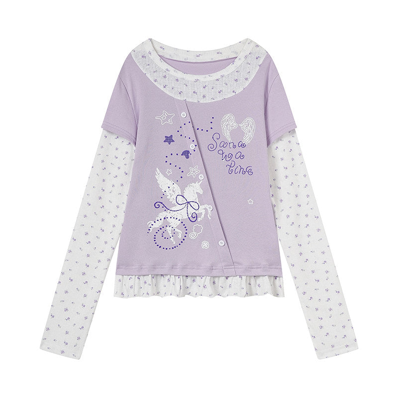 Lavender Wing Floral Faux-Layer Long-Sleeve Tee