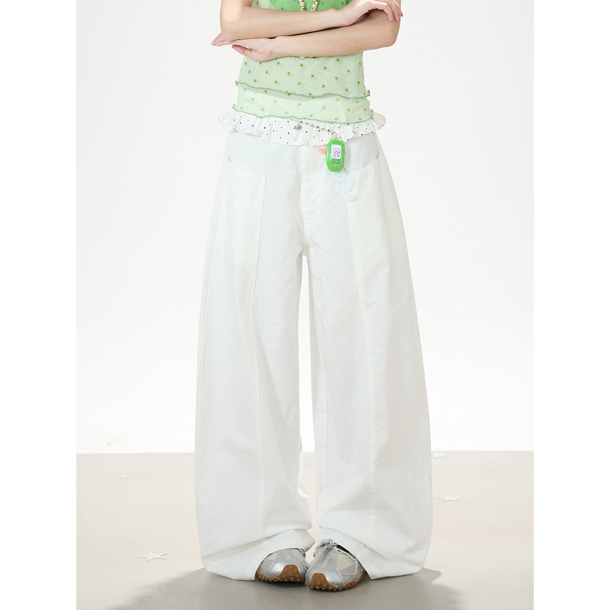 Star Mesh Baby Tee & White Wide-Leg Pants