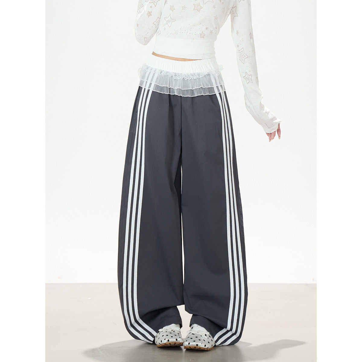 Ruffle Waist Side Stripe Wide-Leg Pants