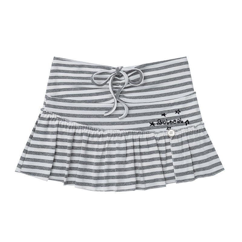 Distressed Cold-Shoulder Graphic Long Sleeve Top & Striped Drawstring Ruffle Mini Skirt