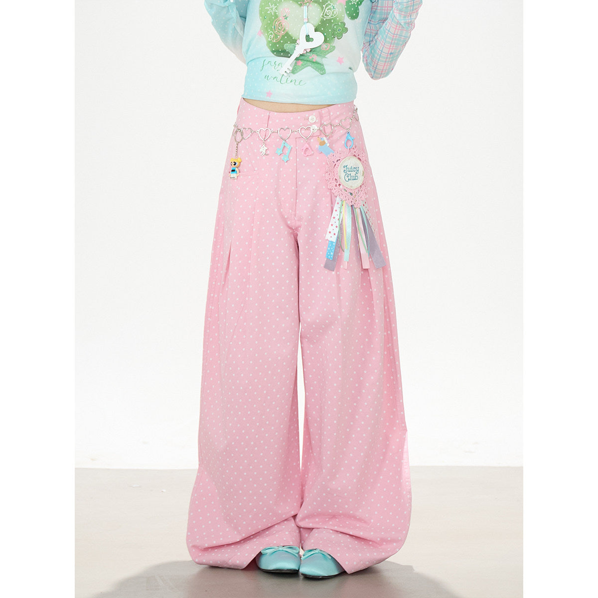Apple Plaid Mesh Long Sleeve Top & Pink Polka Dot Wide Leg Pants