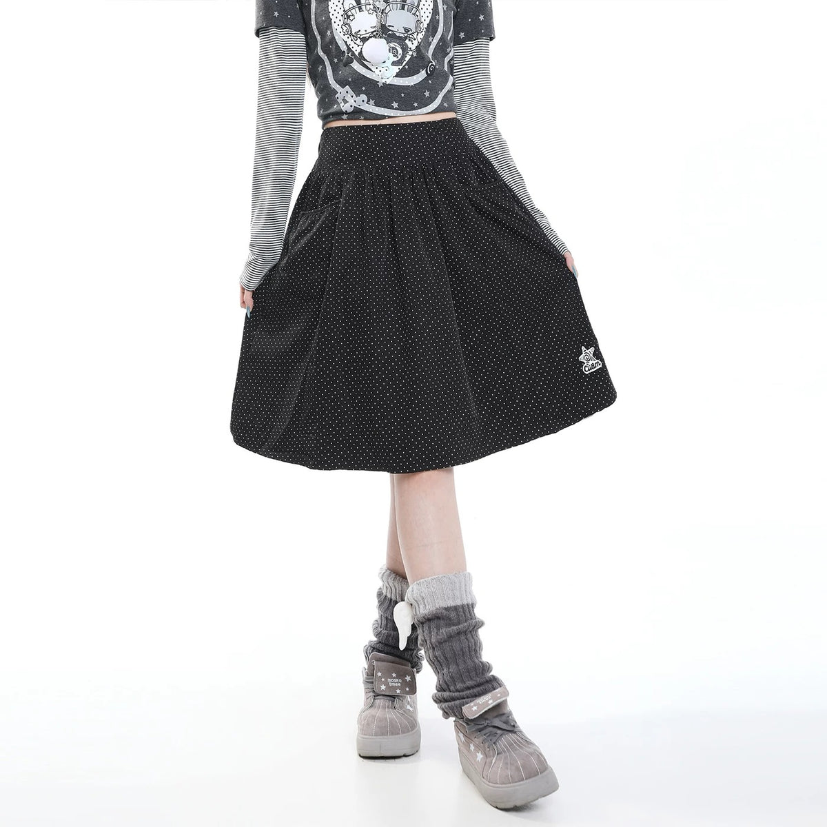 Cartoon Bunny Stripe Layered Long Sleeve Top & Black Polka-Dot Midi Skirt