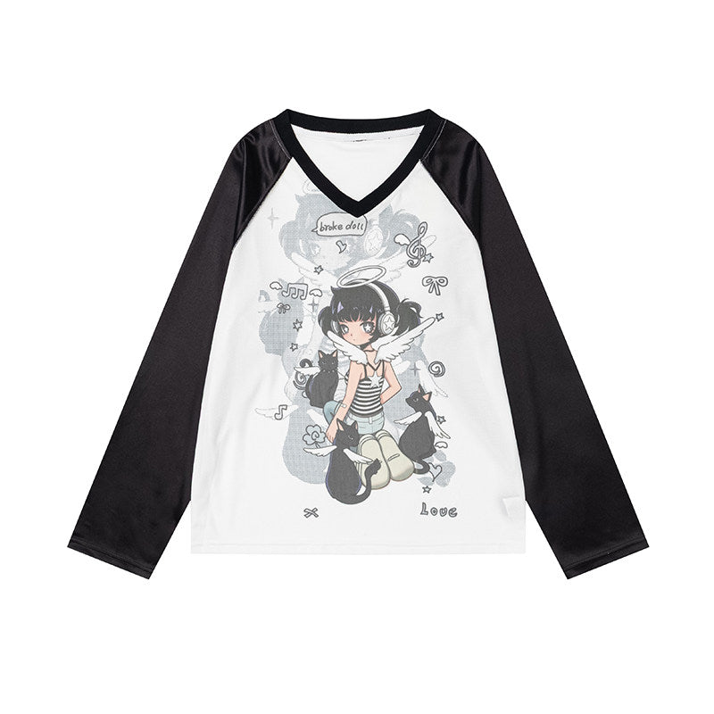 Angel Girl Graphic V-Neck Long Sleeve Top