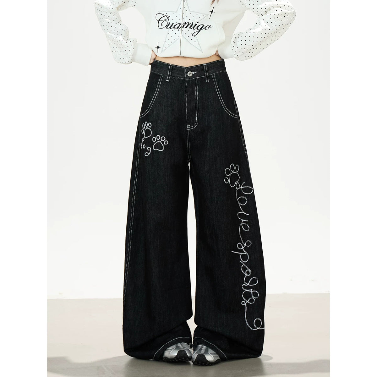 Star Polka-Dot Zip-Up Hoodie & Paw Print Wide-Leg Jeans