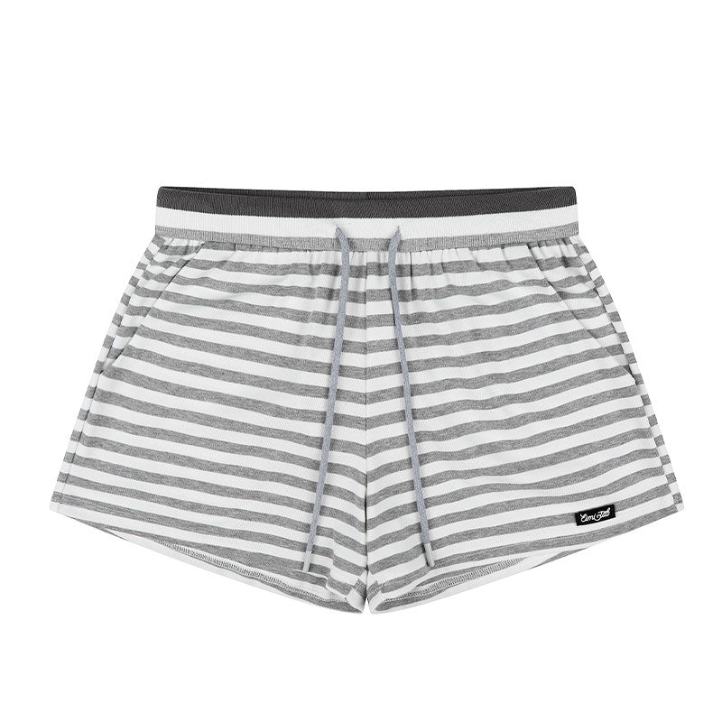 Star Stripe Sheer Long Sleeve Top & Gray Striped Drawstring Shorts