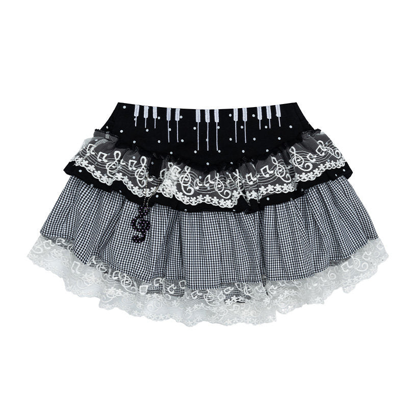 Cartoon Star Sheer Long Sleeve Top & Black Music Lace Gingham Mini Skirt