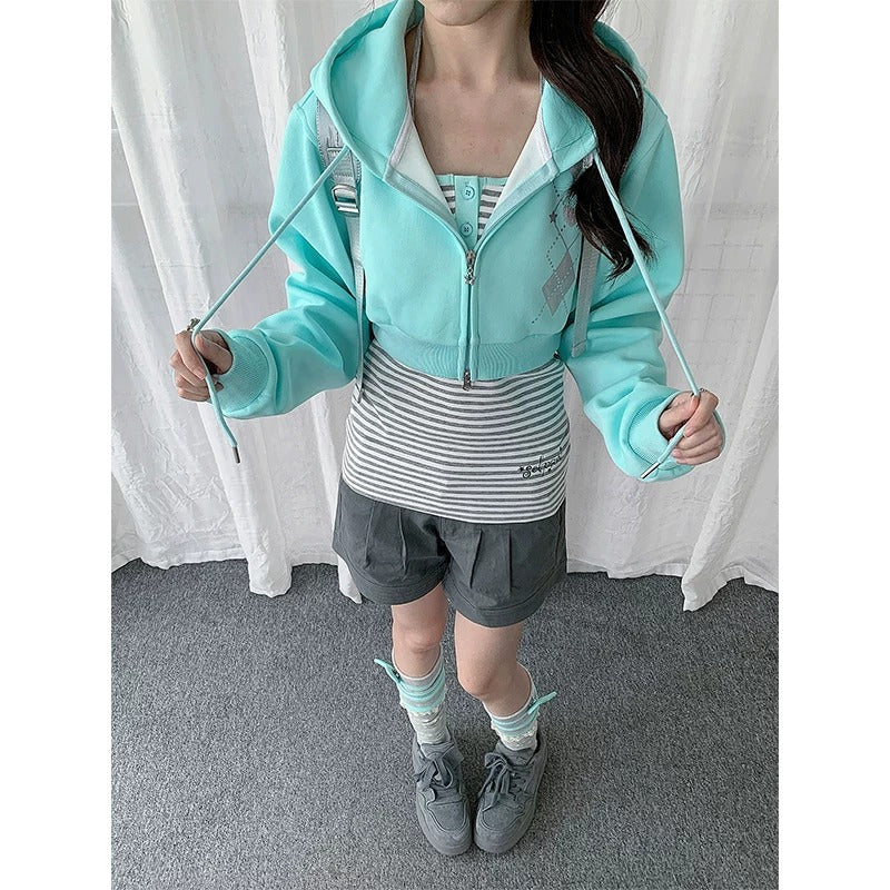 Striped Cami & Cropped Zip Hoodie Two-Piece Set