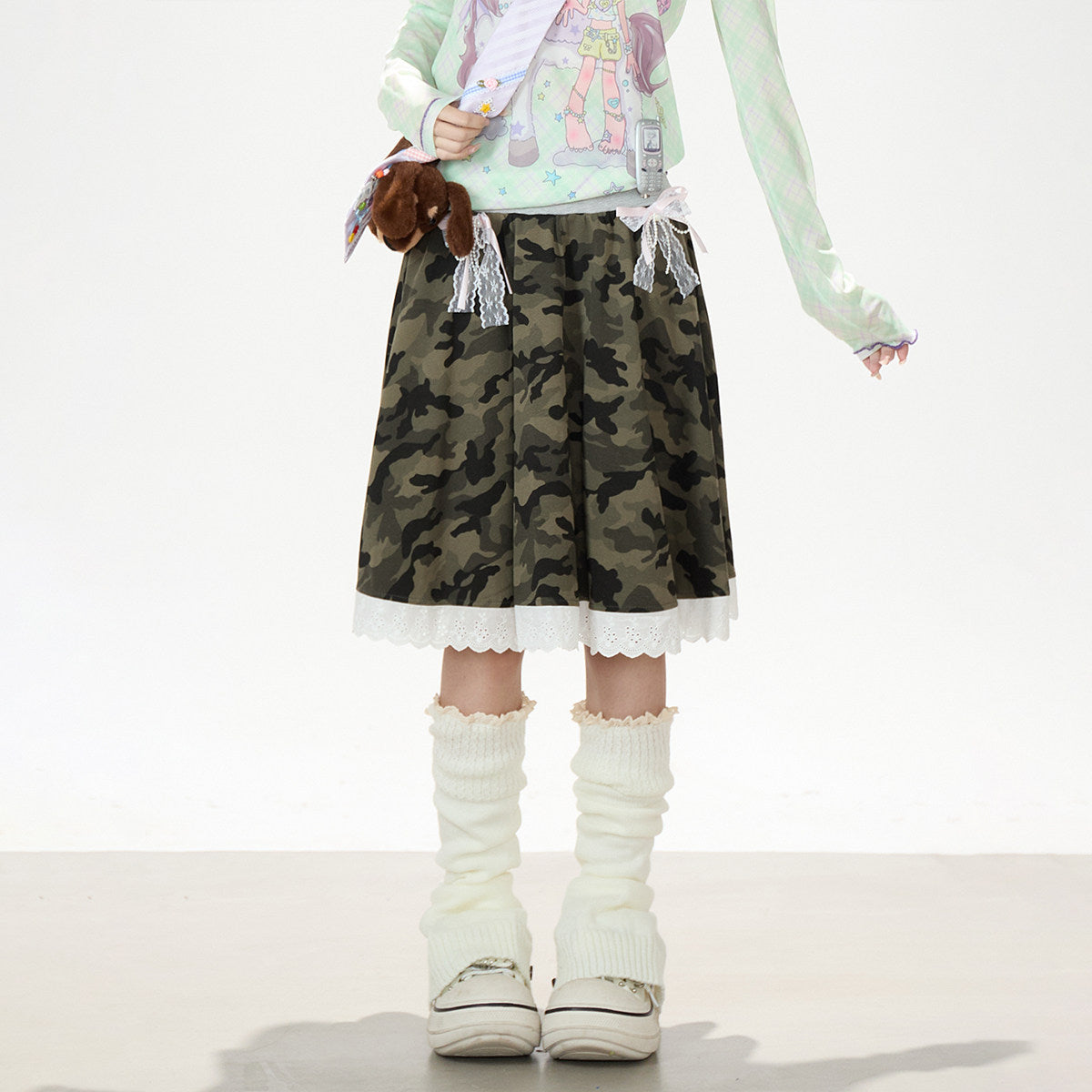 Pastel Anime Plaid Long Sleeve Top & Camo Lace-Trim Midi Skirt