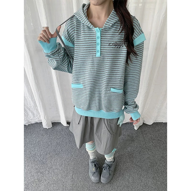 Striped Half-Placket Hooded Pullover