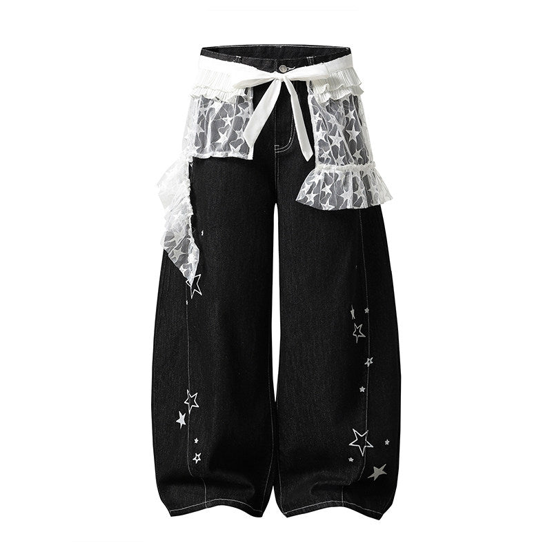 Star Embroidered Wide-Leg Jeans with Lace Overskirt