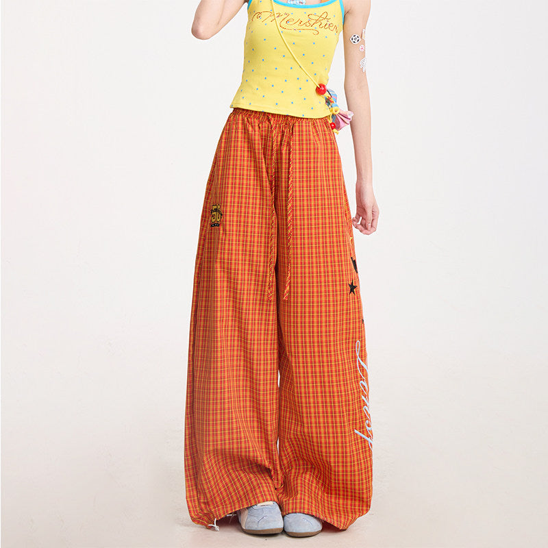 Starry Rhinestone Halter Cami & Plaid Wide-Leg Pants