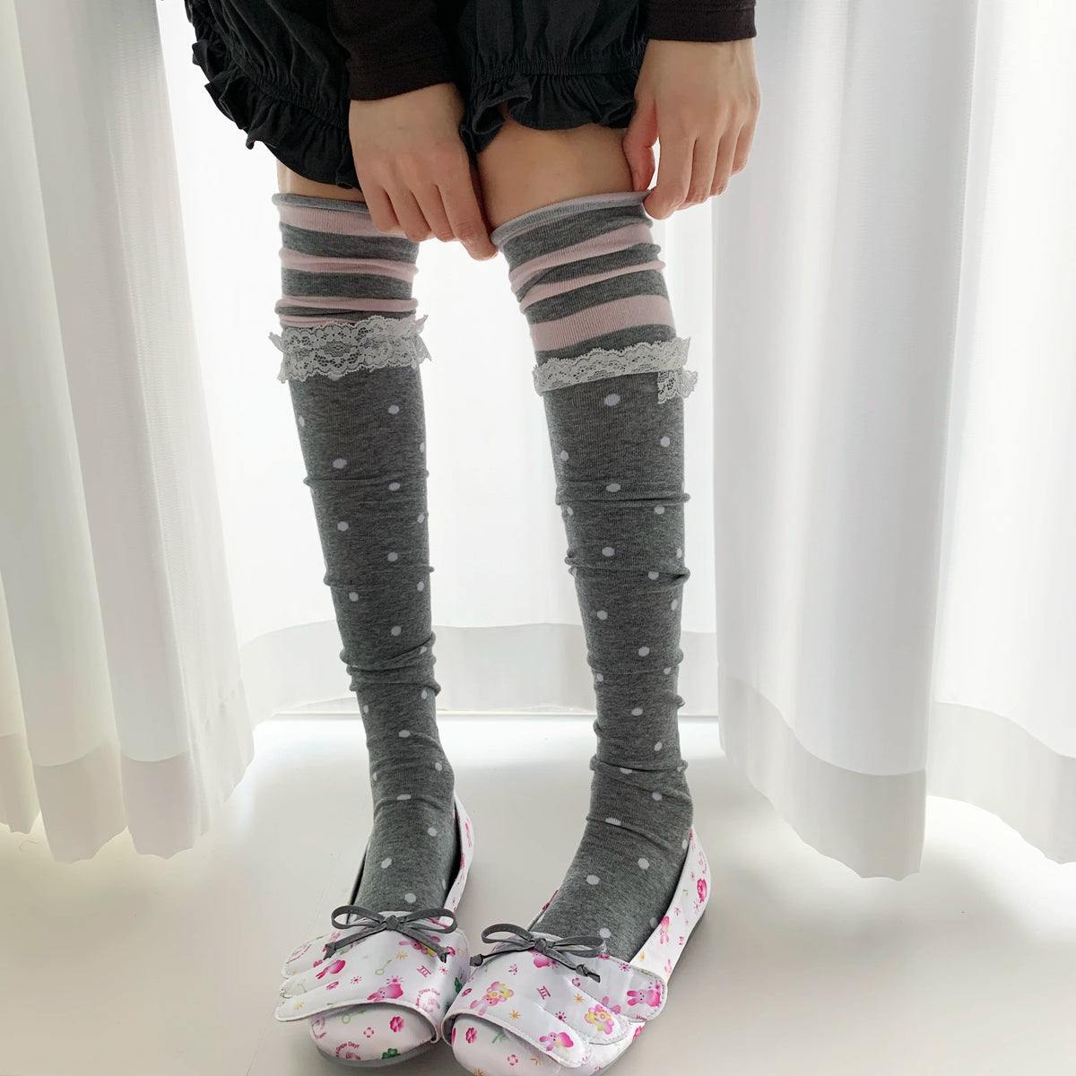 Lace Trim Patchwork Over-the-Knee Socks