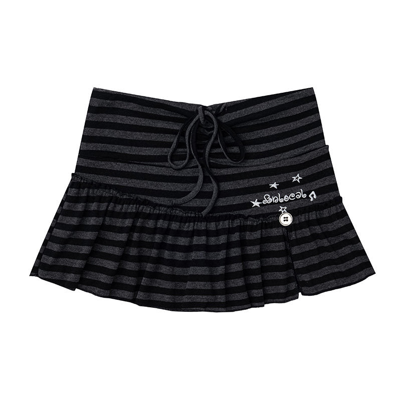 Distressed Cartoon Off-Shoulder Long Sleeve Top & Black Striped Mini Skirt