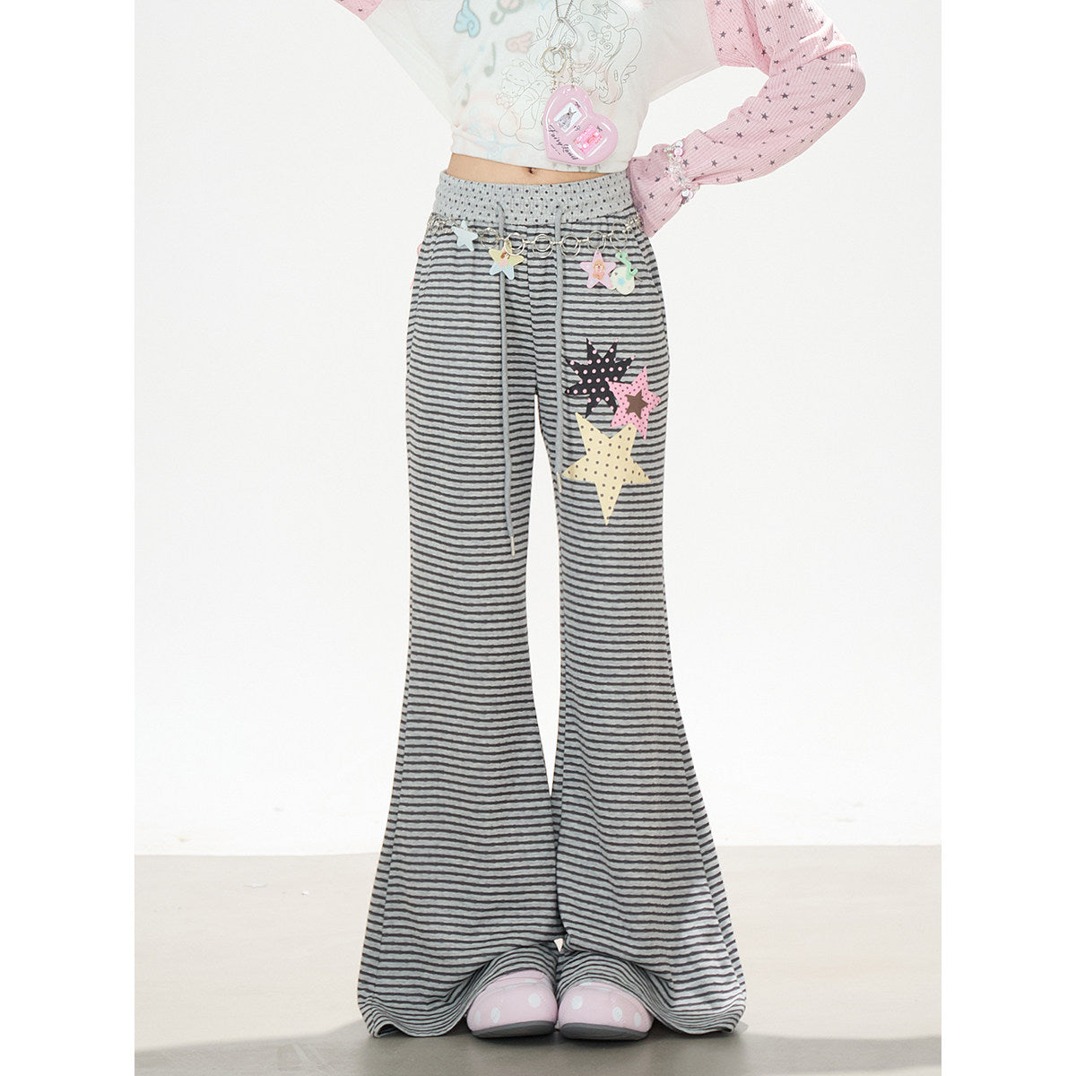 Dreamy Star Raglan Long Sleeve Top & Gray Striped Star Flare Pants