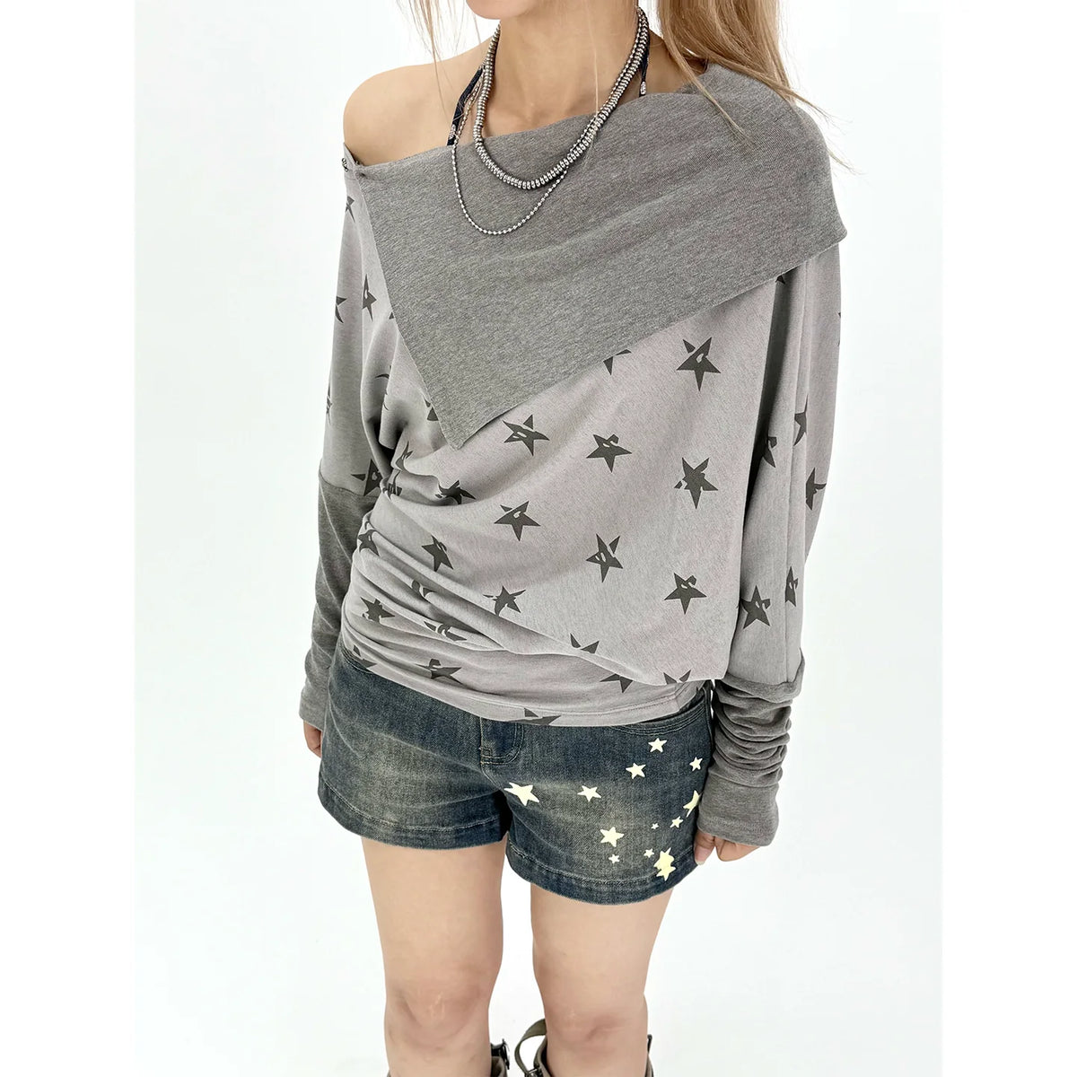 Star Print Draped Off-Shoulder Long Sleeve Top