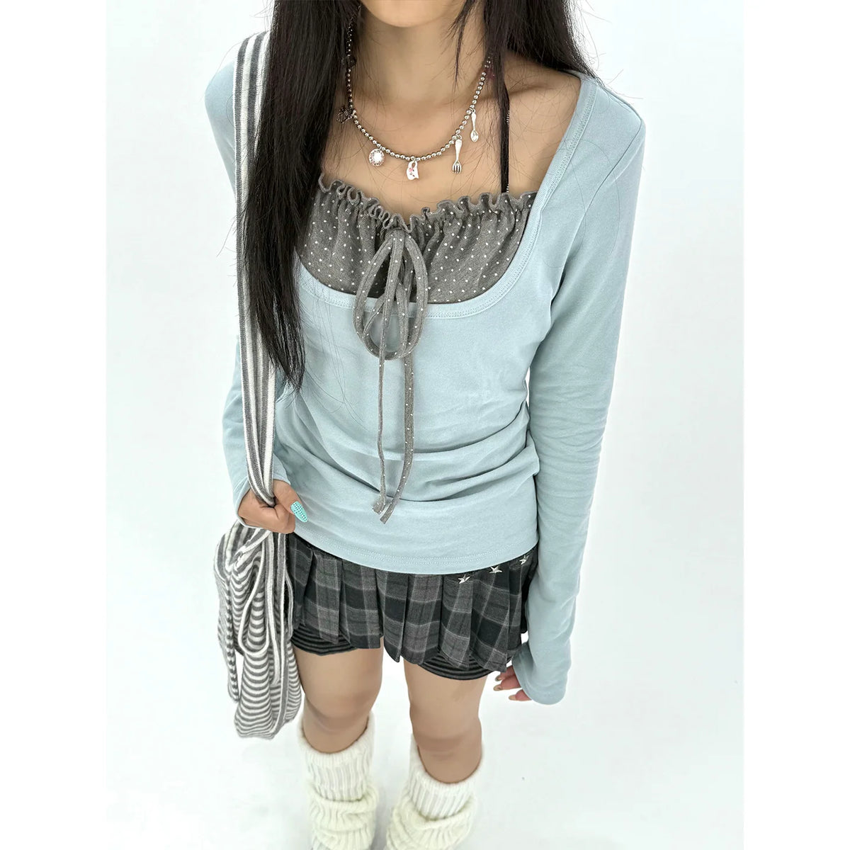 Polka Dot Tie-Front Layered Long Sleeve Top