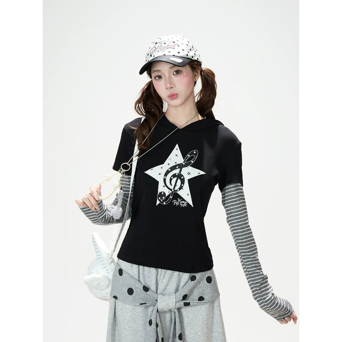 Music Note Star Layered Hoodie Top & Polka Dot Tie-Waist Wide-Leg Pants