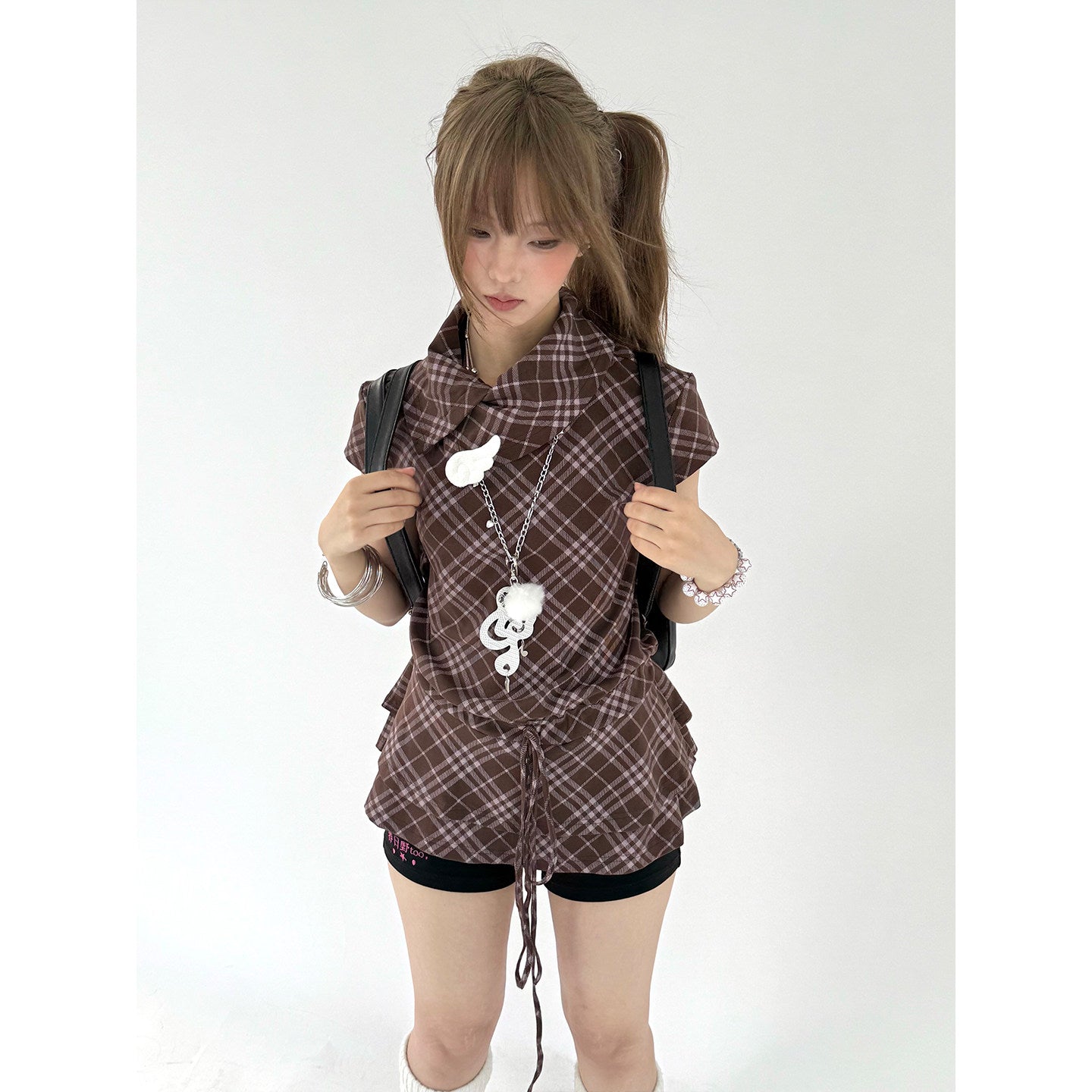 Brown Plaid Drawstring Ruffle-Collar Tunic Top