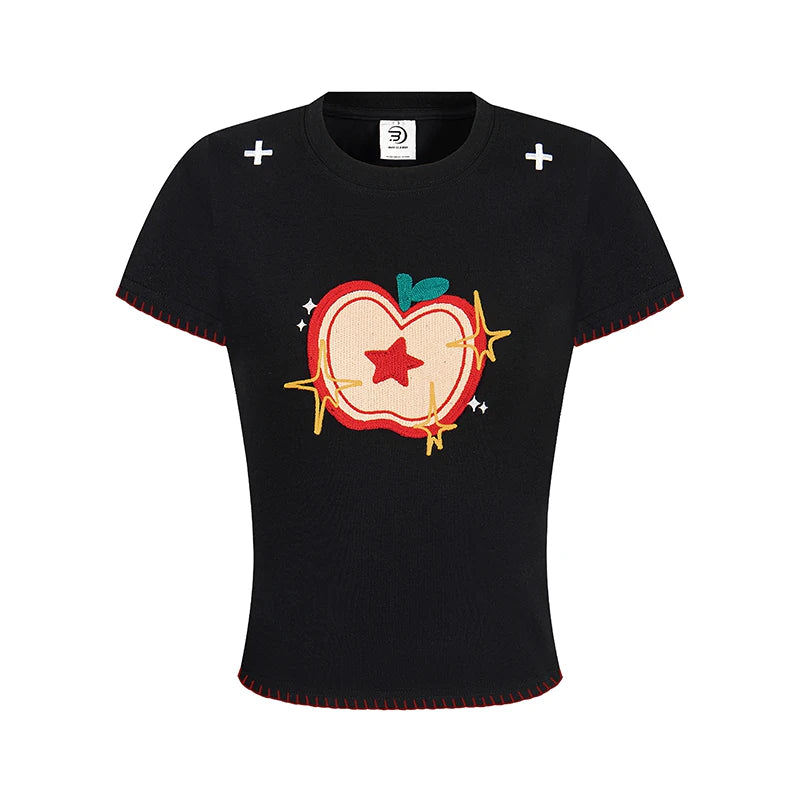 Embroidered Apple Contrast-Stitch Fitted Tee
