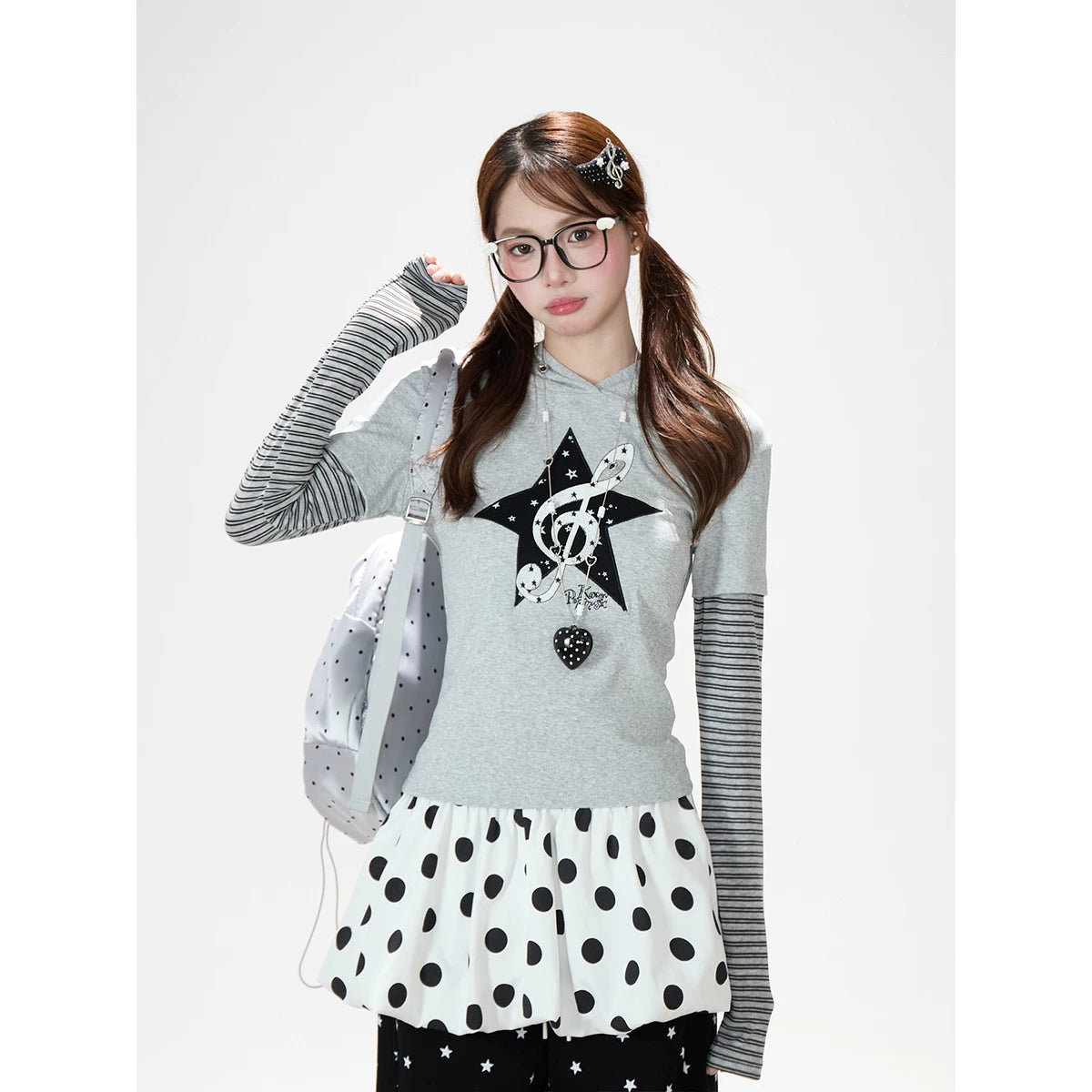 Music Note Star Layered Hoodie Top & Polka Dot Tie-Waist Wide-Leg Pants