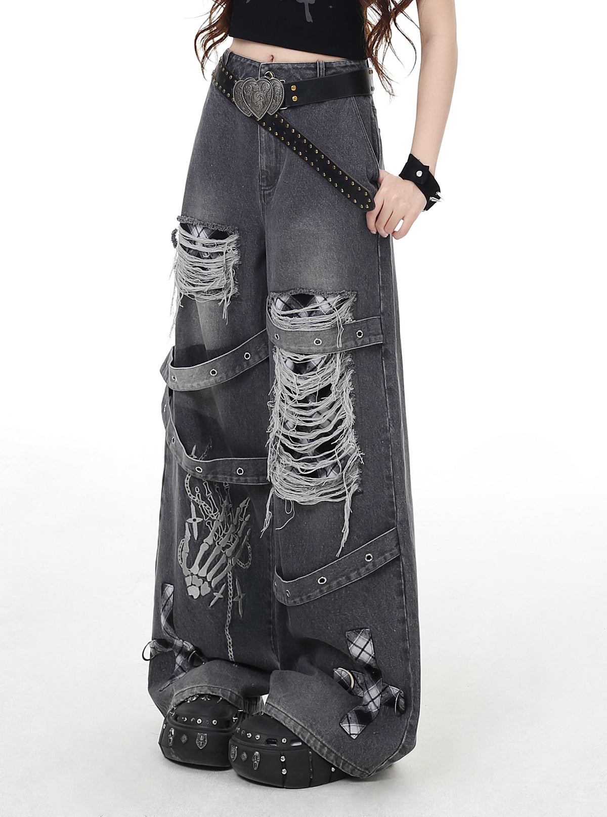 Skeleton Hand Distressed Strap Wide-Leg Jeans