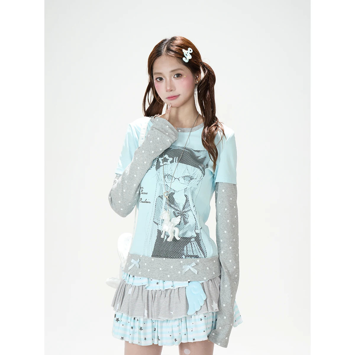 Anime Girl Polka-Dot Layered Long Sleeve Top & Star Tiered Ruffle Mini Skirt
