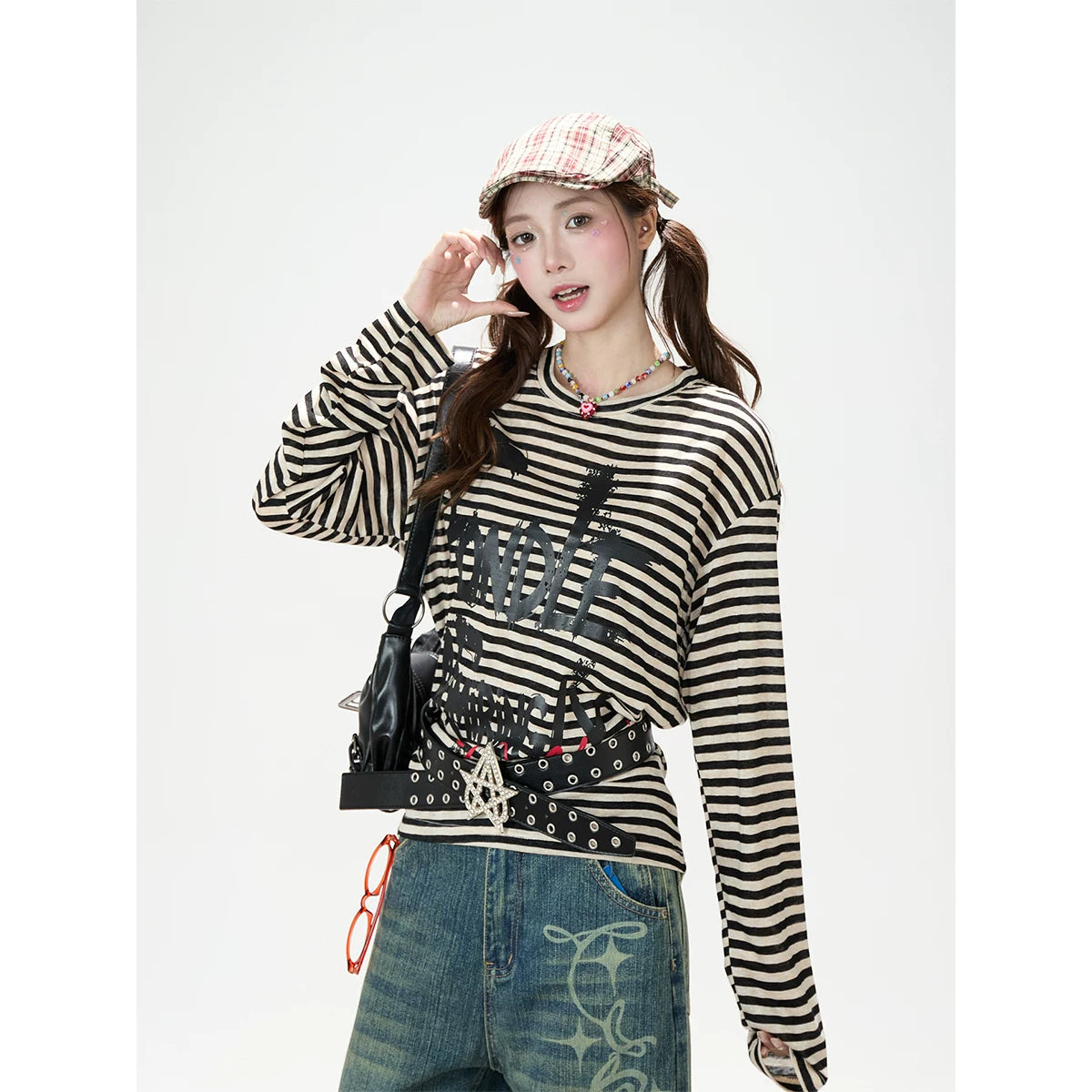 Distressed Striped Long Sleeve Top & Graphic Wide-Leg Pants