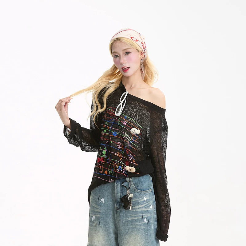 Cat & Puppy Sheer Graphic Long Sleeve Top