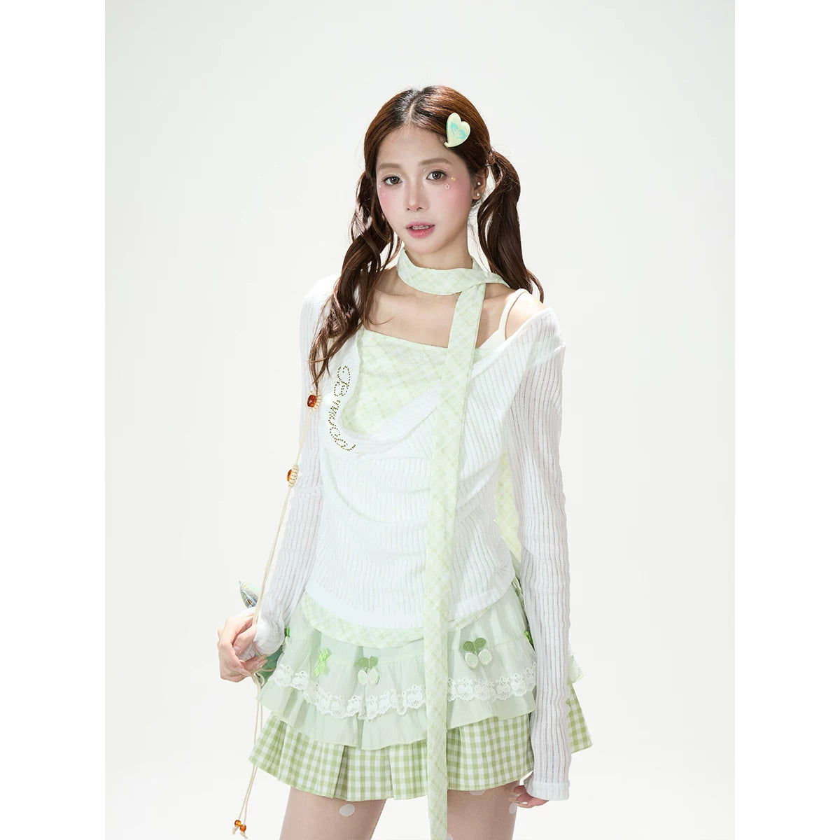 Mint Gingham Layered Knit Long Sleeve Top & Cherry Ruffle Mini Skirt