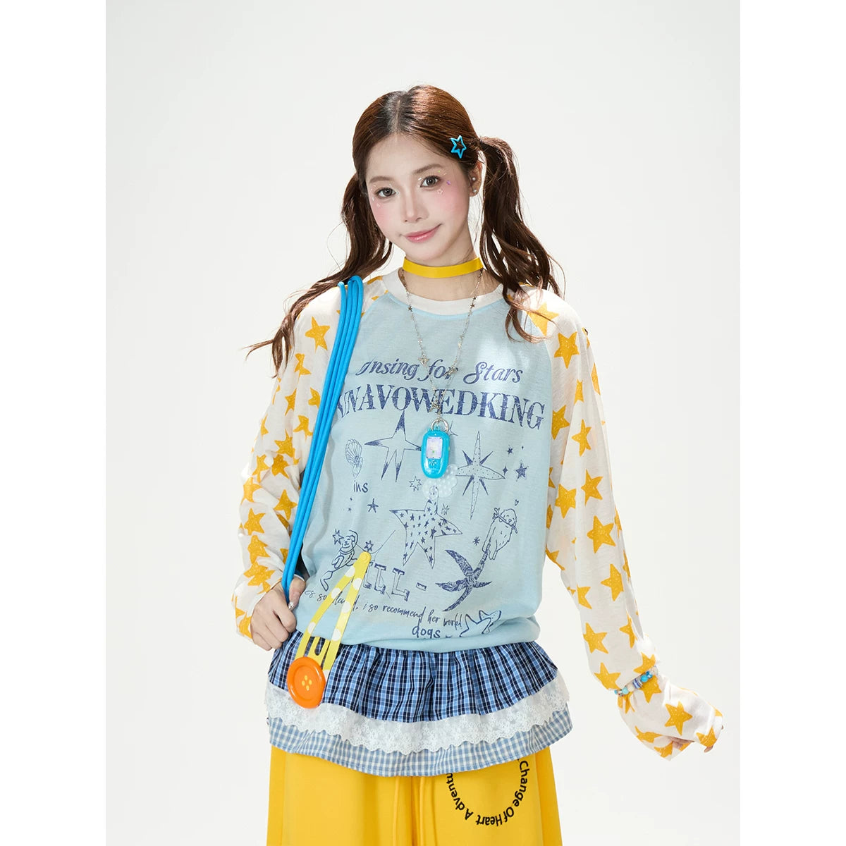 Star Graphic Contrast Raglan Long Sleeve Top & Yellow Wide-Leg Pants