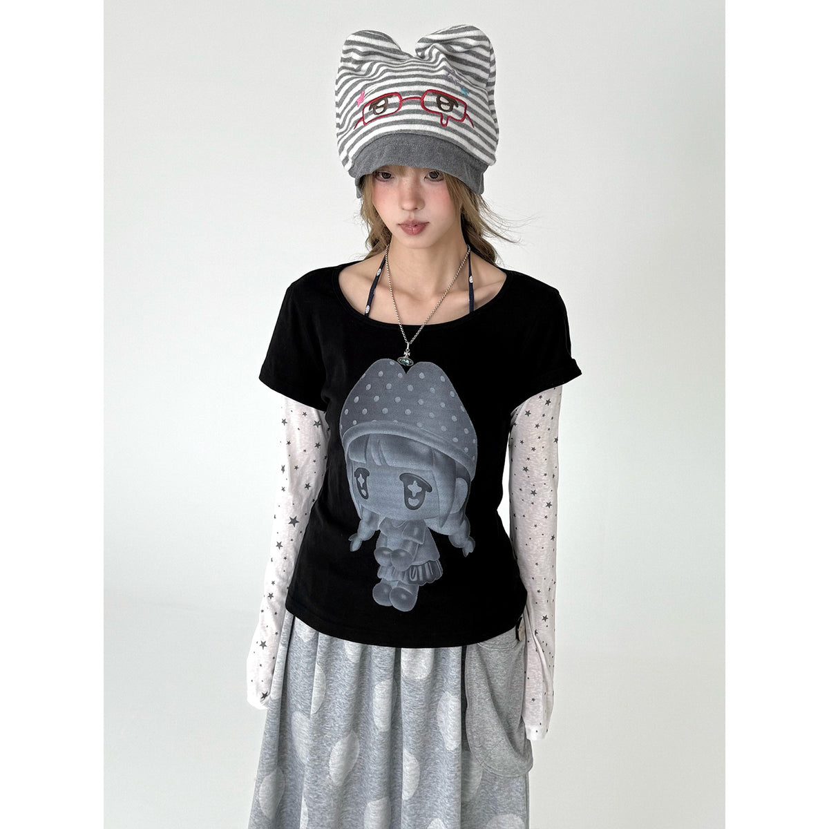 Mushroom Girl Star Faux-Layered Long Sleeve Tee