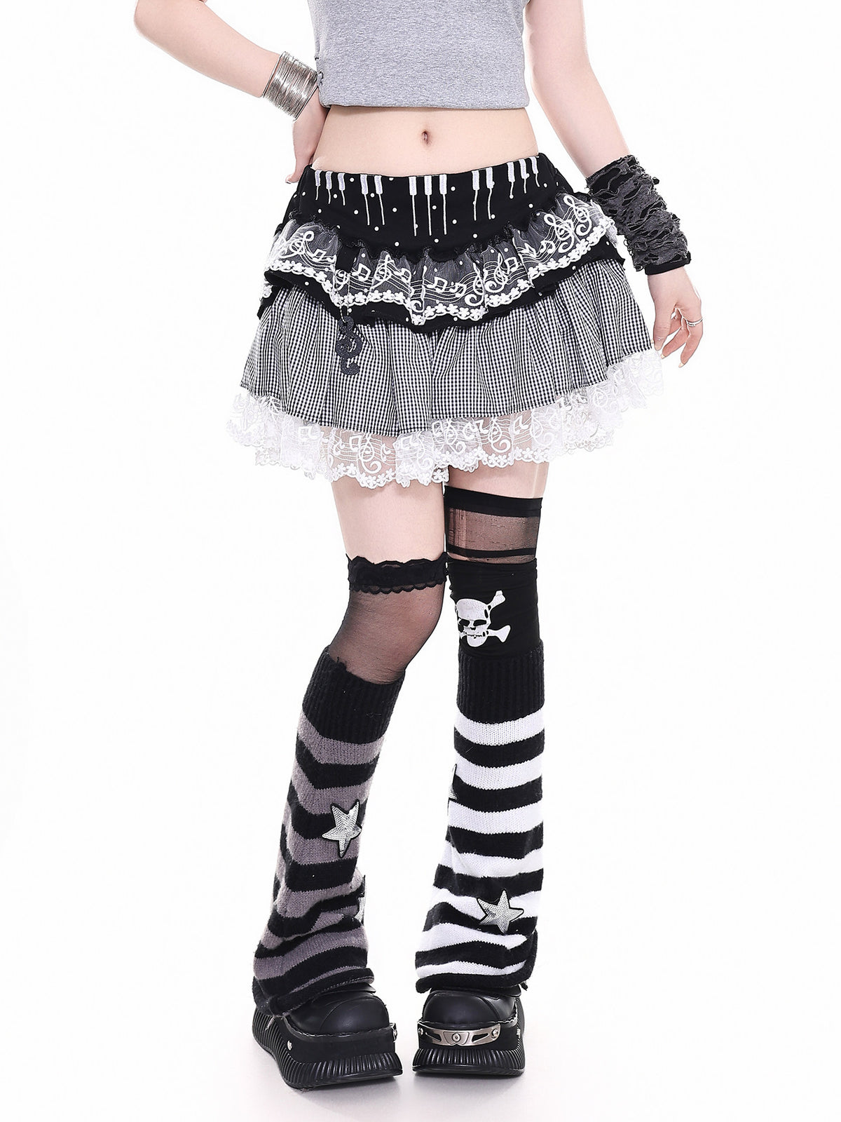 Polka Dot Faux Layered Graphic Tee & Music Lace Gingham Mini Skirt