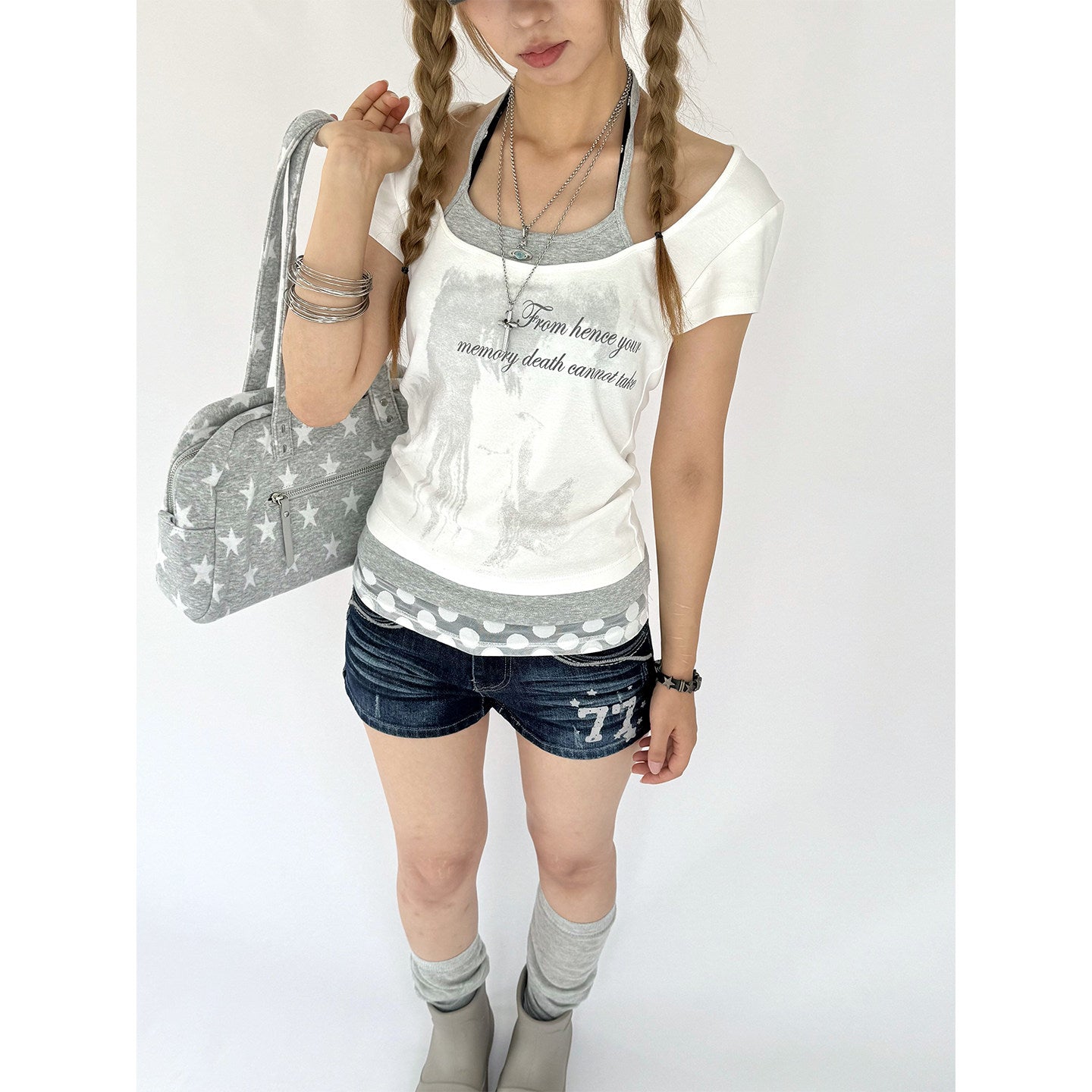 White Gardenia Faux-Layer Halter Graphic Tee