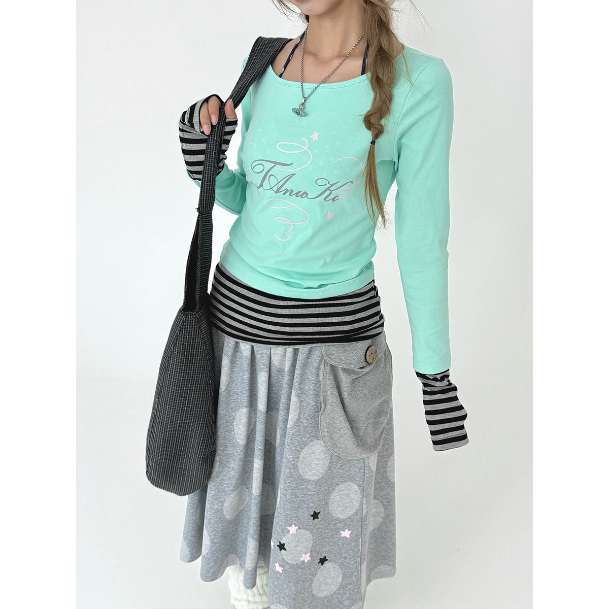 Mint Star Script Faux-Layered Long Sleeve Top