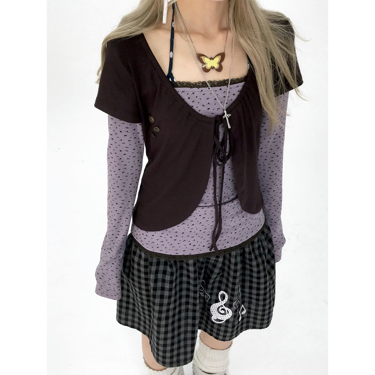 Striped Polka Dot Faux-Layered Button Long Sleeve Top