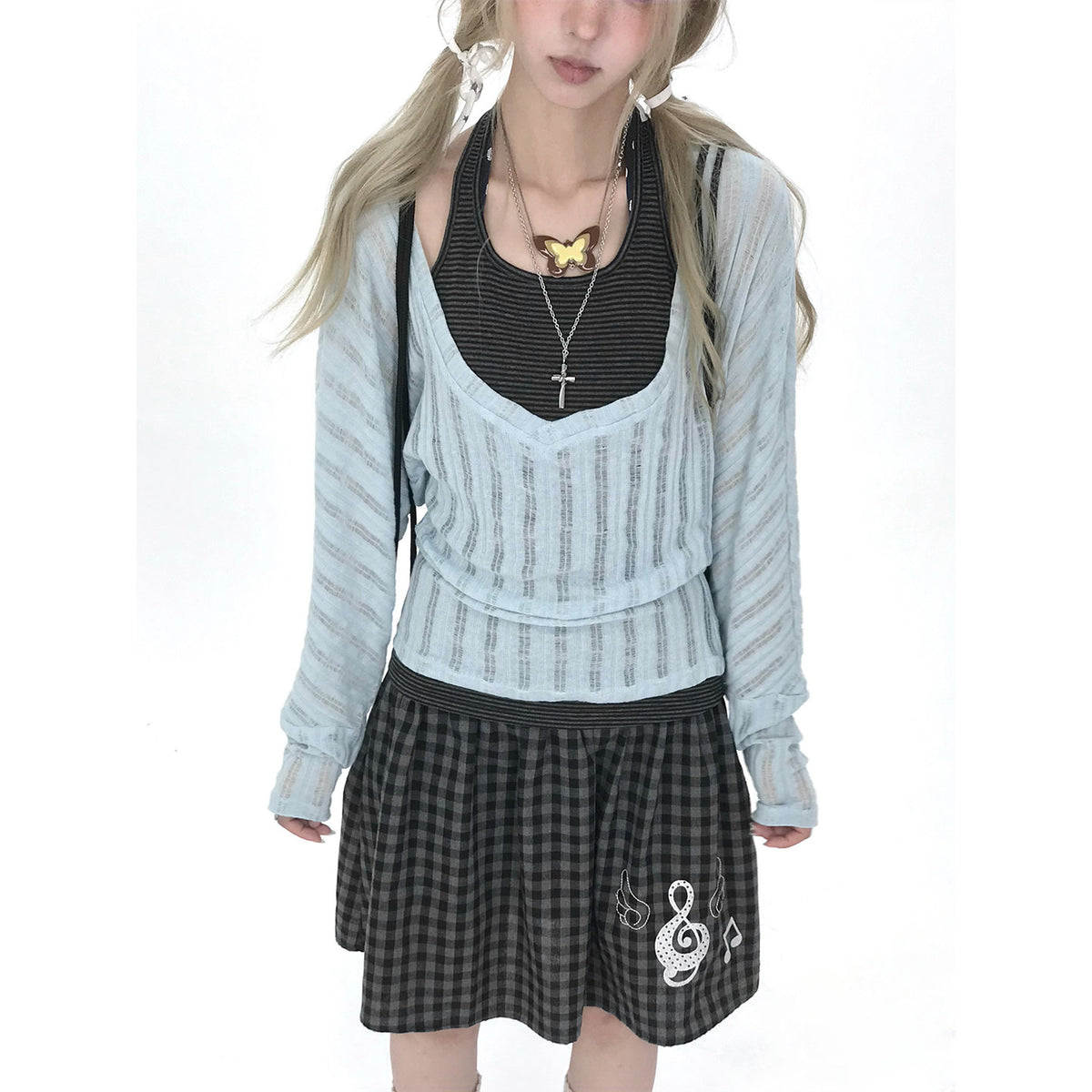 Icy Blue Striped Halter-Layered Long Sleeve Top
