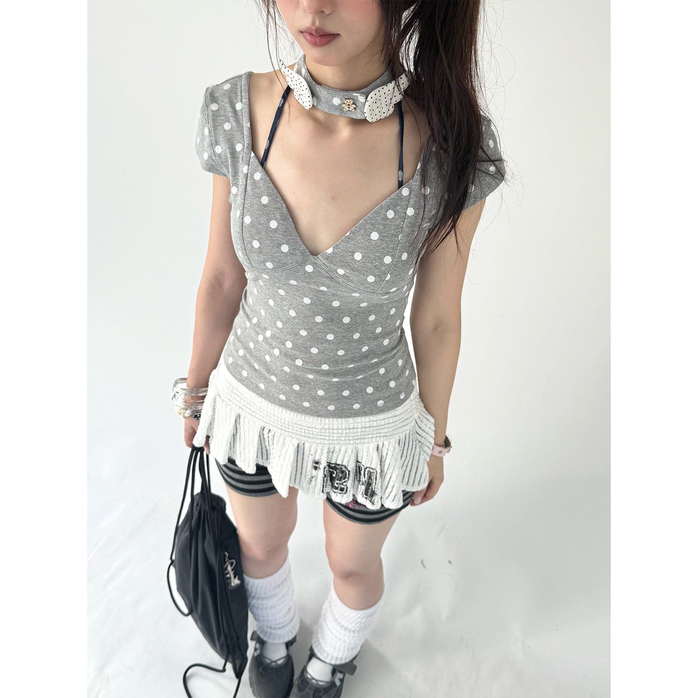 Mechanical Bear Polka Dot V-Neck Fitted Tee with Choker