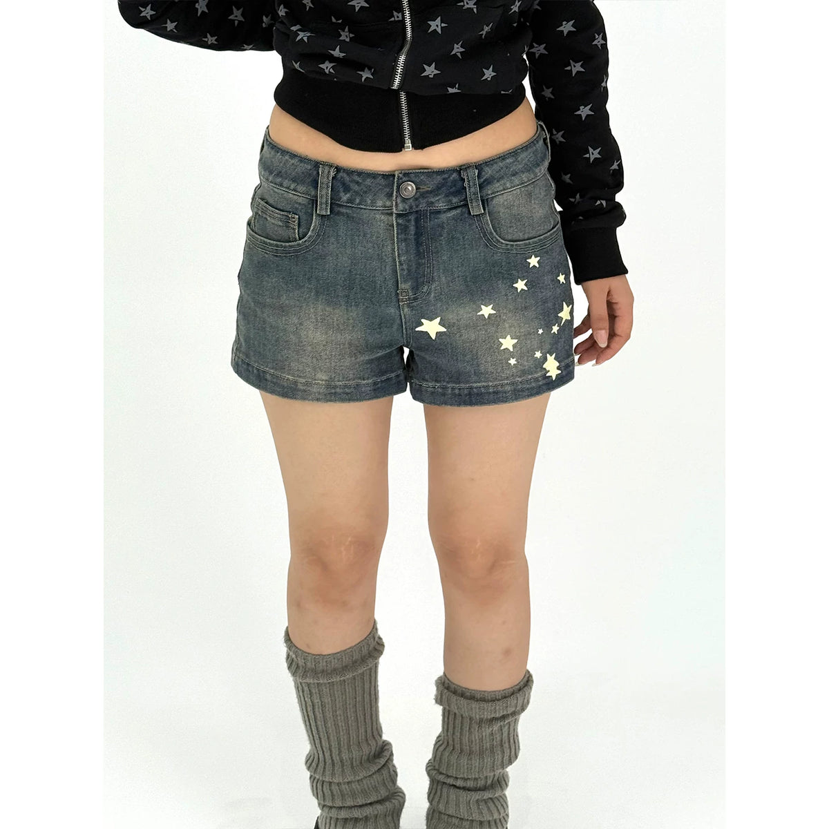Star Print Washed Low-Rise Denim Shorts