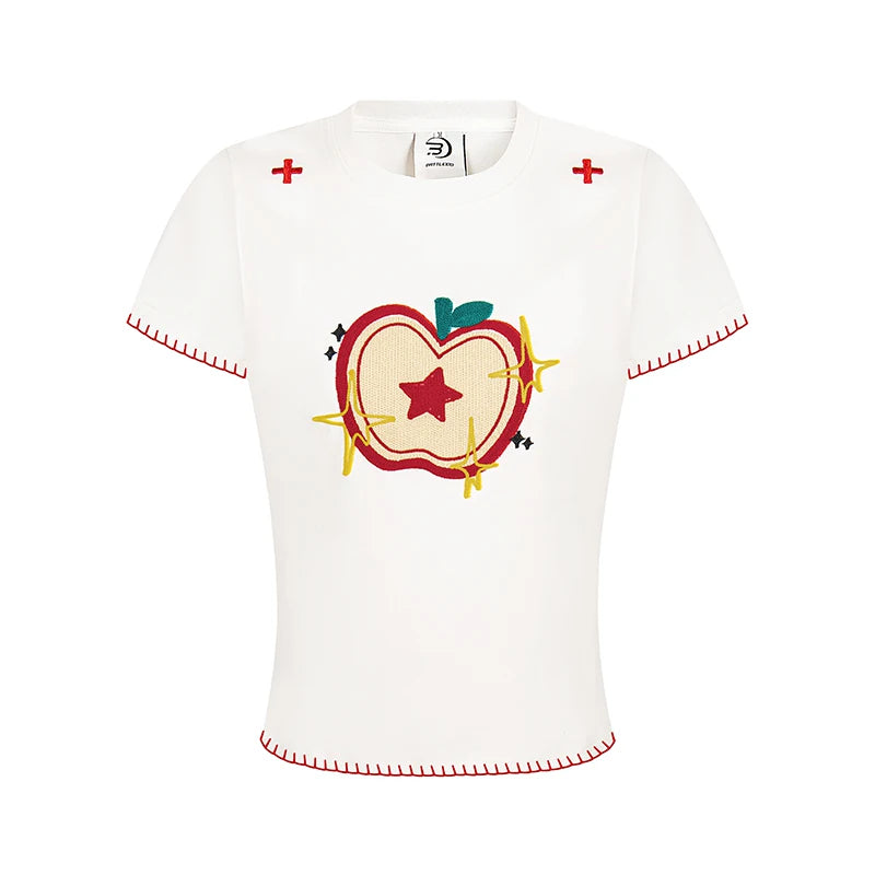 Embroidered Apple Contrast-Stitch Fitted Tee