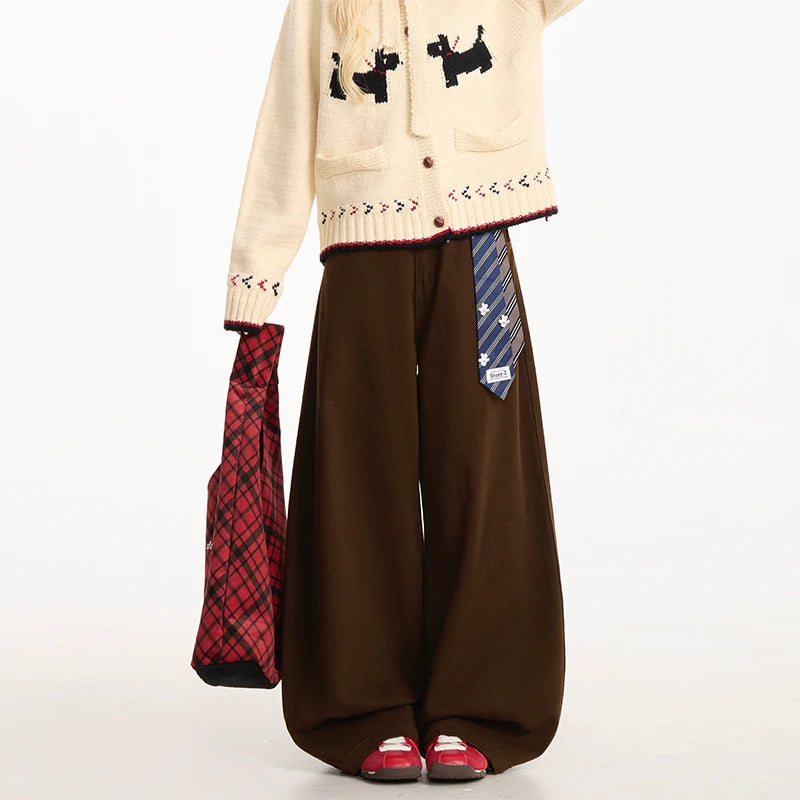Curved-Leg Wide-Leg Pants with Detachable Tie