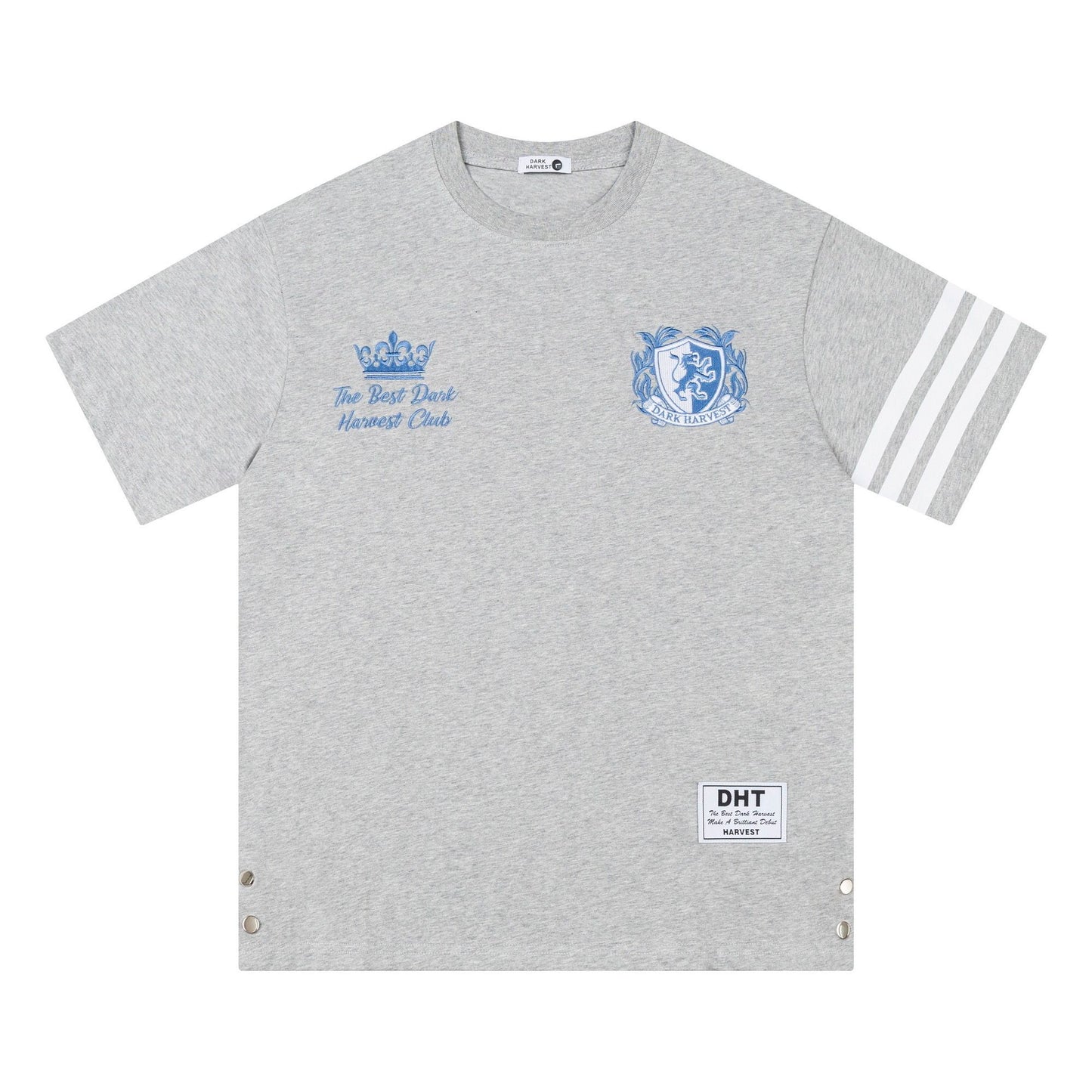 College Snap Button Tee — Stripe Sleeve Loose Fit