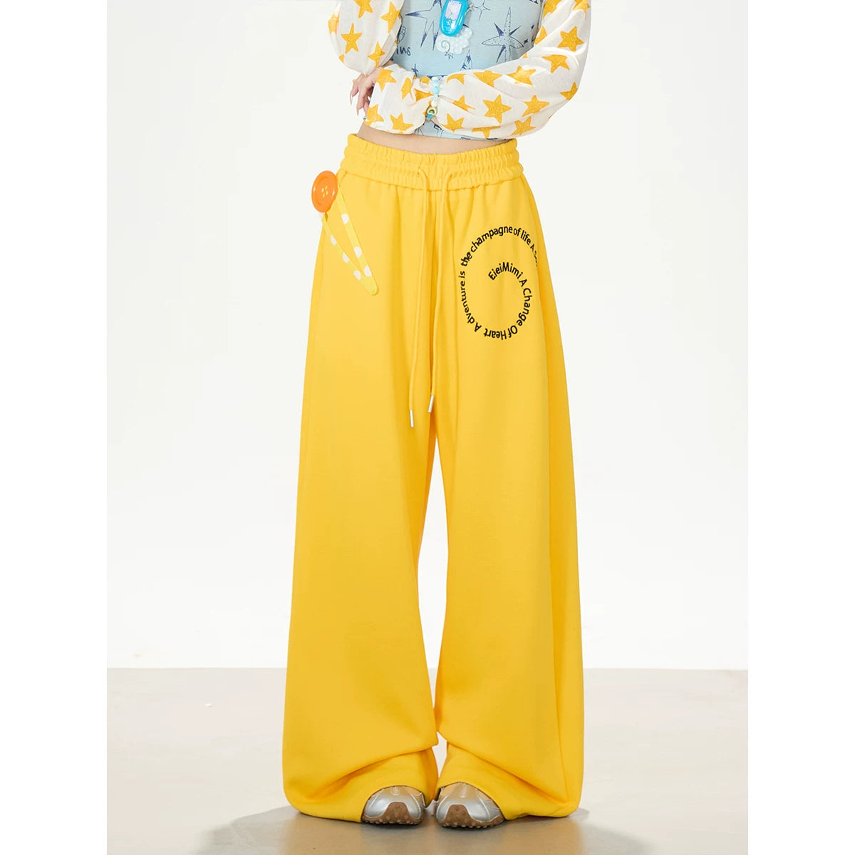 Star Graphic Contrast Raglan Long Sleeve Top & Yellow Wide-Leg Pants