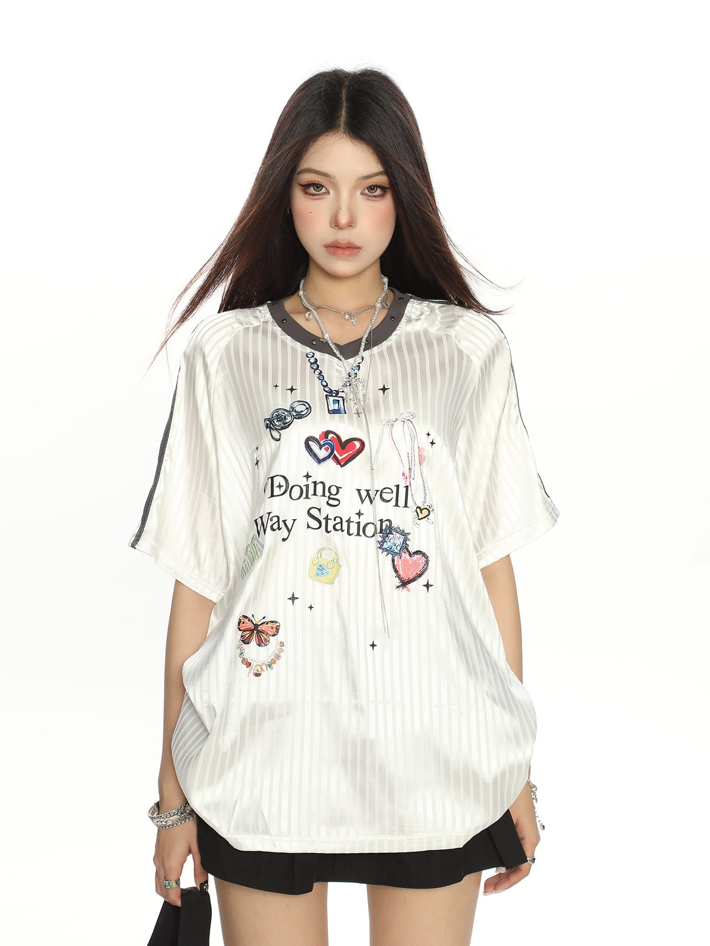 „Doing Well“ Grafik-Trikot-T-Shirt｜Americana Girly V-Ausschnitt Kurzarm gestreift