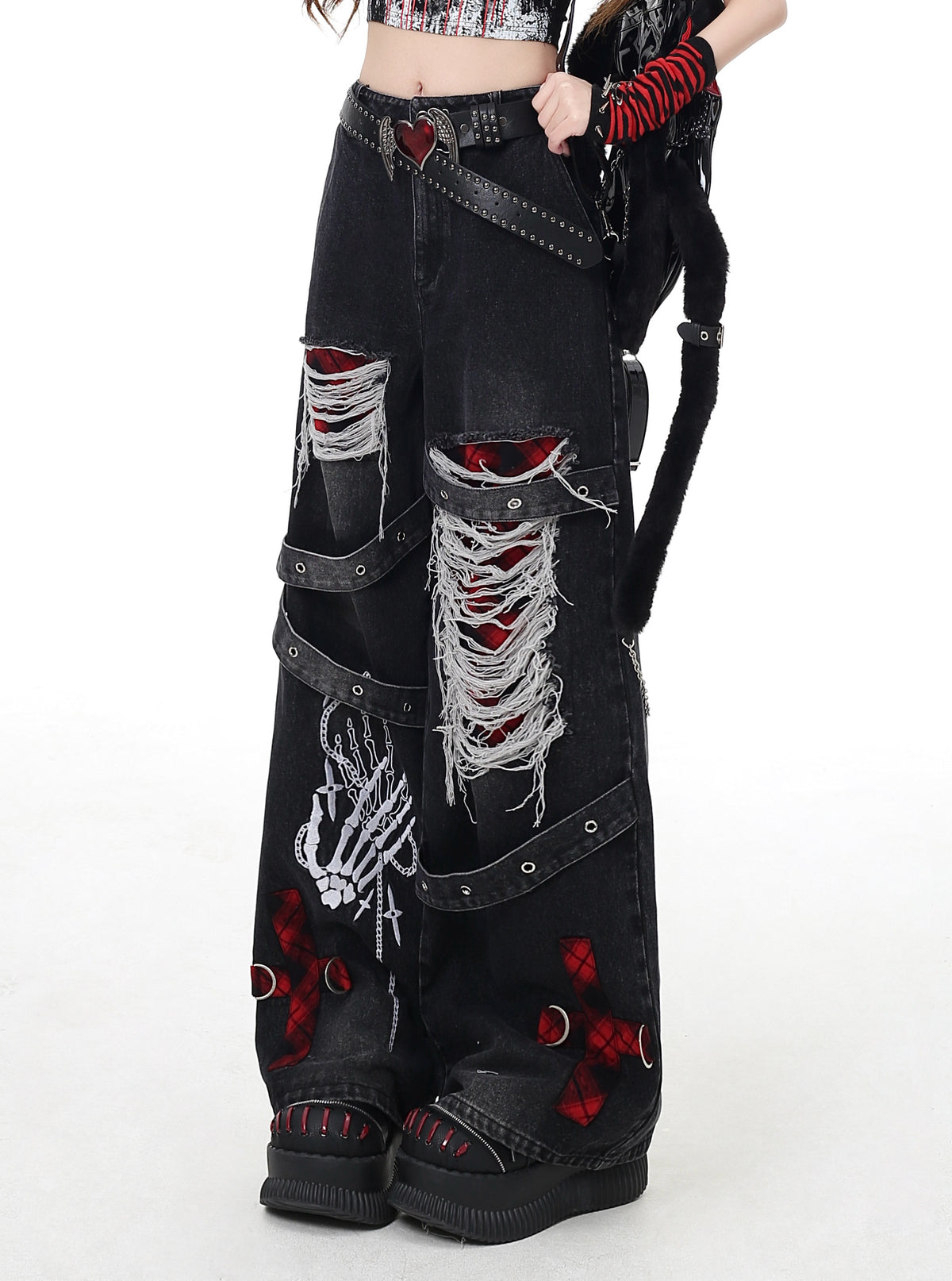 Skeleton Hand Distressed Strap Wide-Leg Jeans